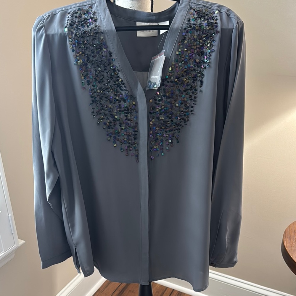 Chico's Gray Embellished Long Sleeve Blouse